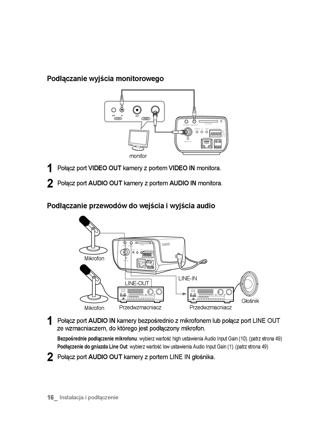 Samsung SNC-B2315P manual Podłączanie wyjścia monitorowego, Podłączanie przewodów do wejścia i wyjścia audio 