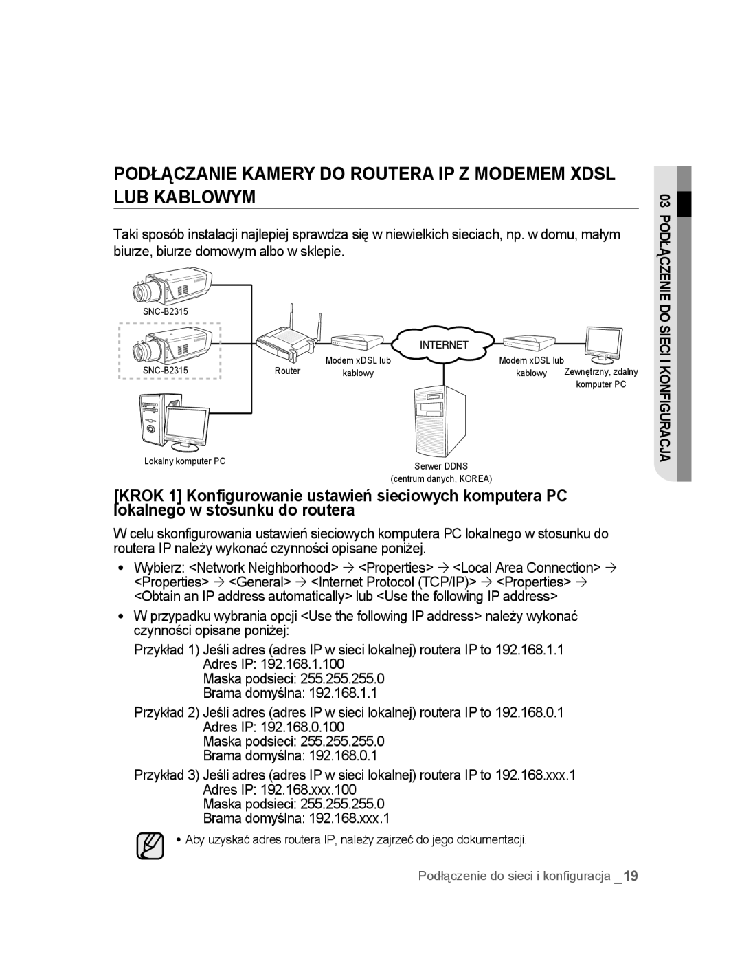 Samsung SNC-B2315P manual Podłączanie Kamery do Routera IP Z Modemem Xdsl LUB Kablowym 