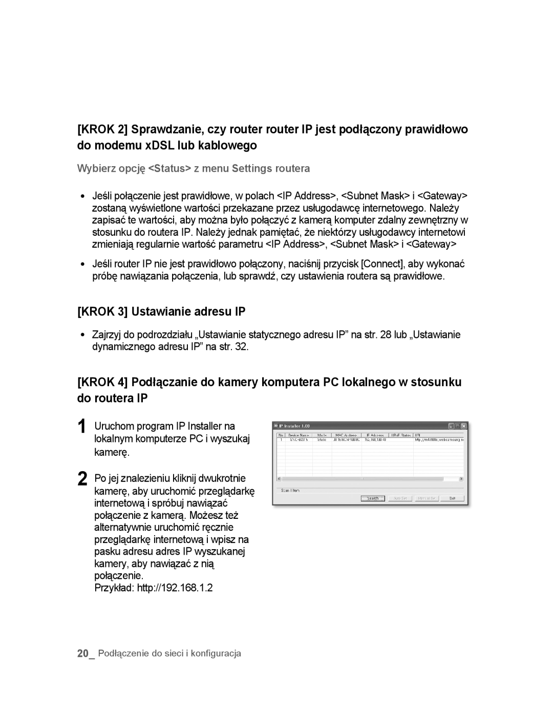 Samsung SNC-B2315P manual Krok 3 Ustawianie adresu IP, Przykład http//192.168.1.2 