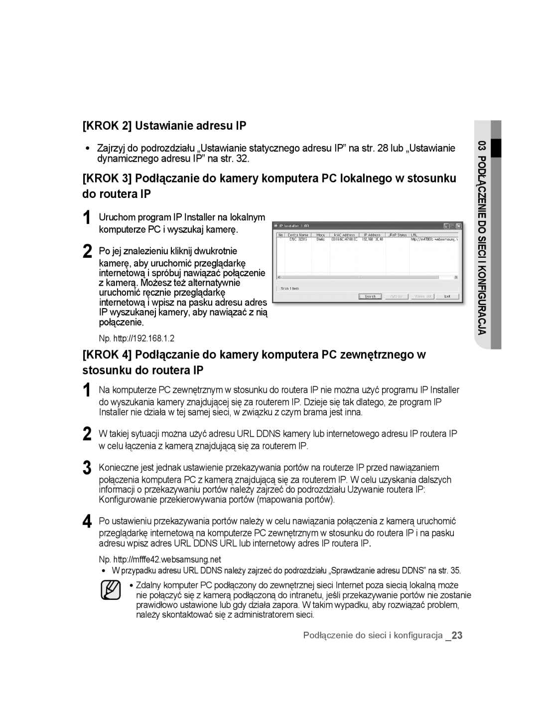 Samsung SNC-B2315P manual Krok 2 Ustawianie adresu IP, Np. http//mfffe42.websamsung.net 