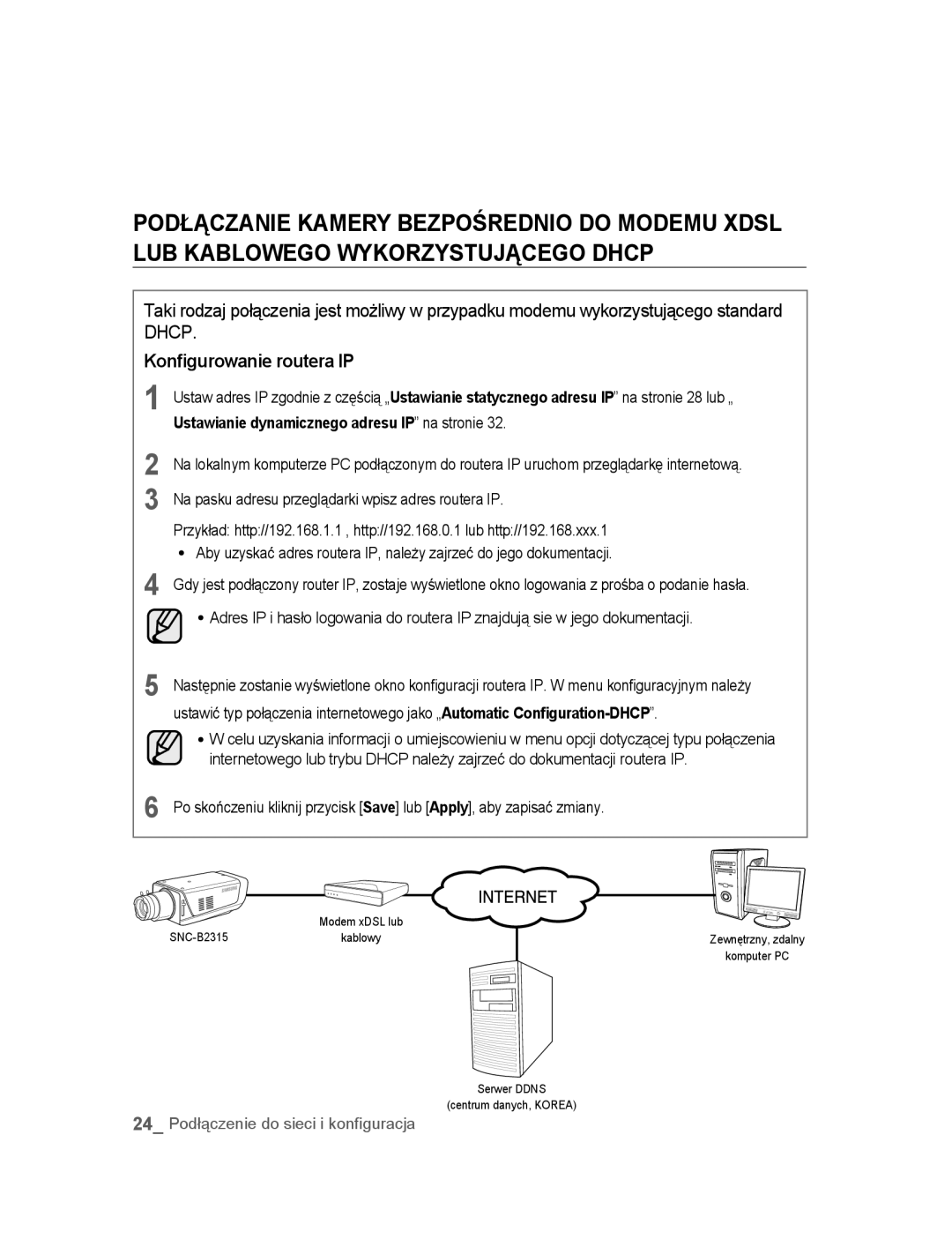 Samsung SNC-B2315P manual Konfigurowanie routera IP, Ustawianie dynamicznego adresu IP na stronie 