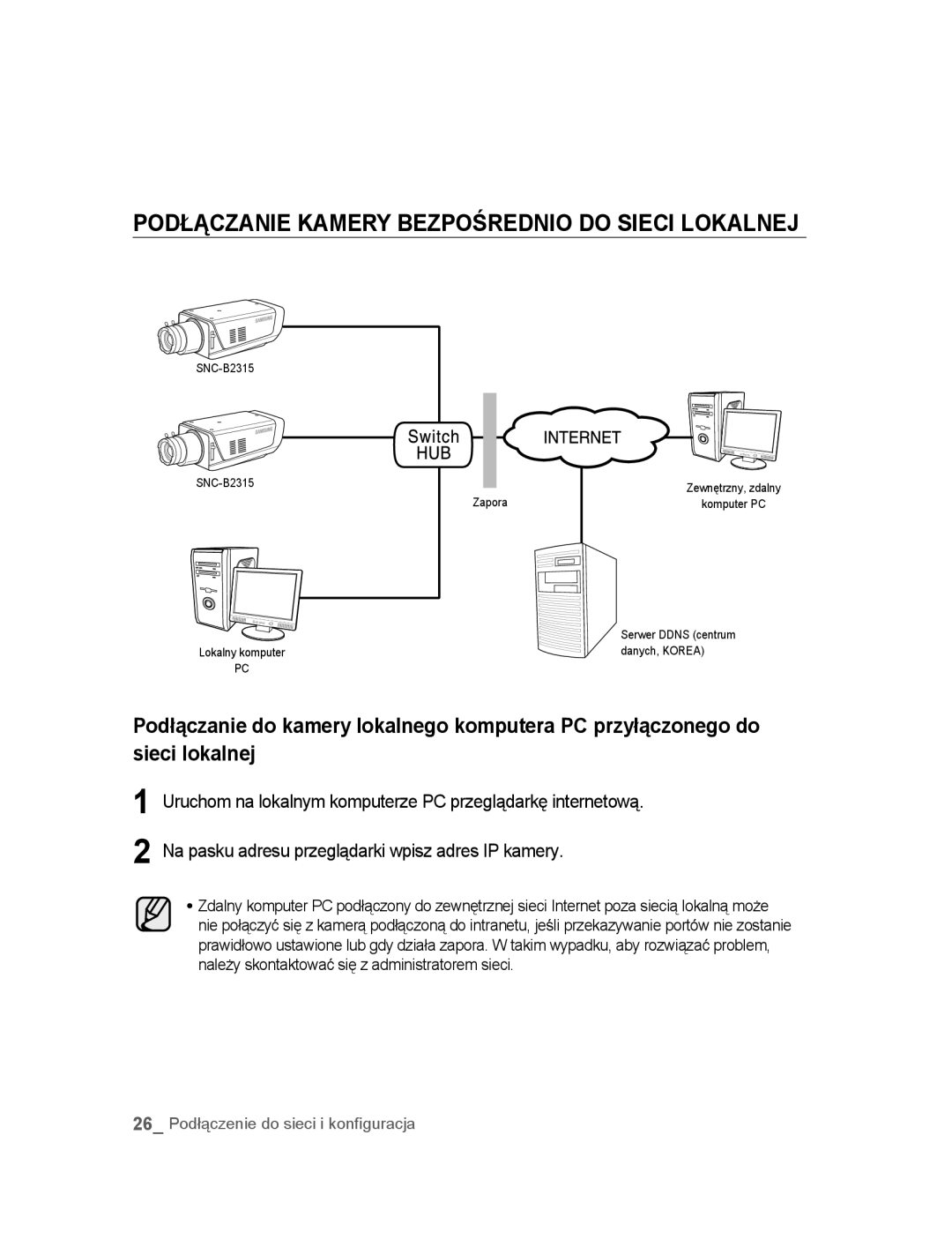 Samsung SNC-B2315P manual Podłączanie Kamery Bezpośrednio do Sieci Lokalnej 