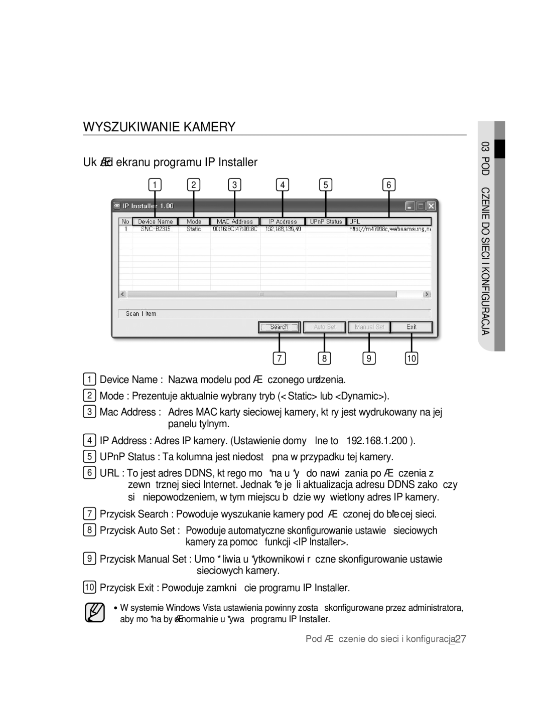 Samsung SNC-B2315P manual Wyszukiwanie Kamery, Układ ekranu programu IP Installer 