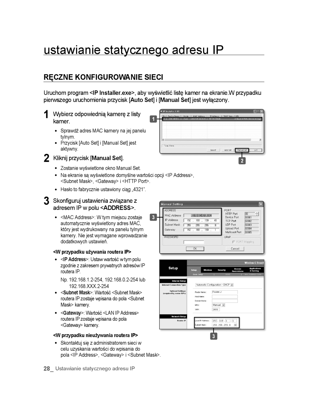 Samsung SNC-B2315P manual Ustawianie statycznego adresu IP, Ręczne Konfigurowanie Sieci, Kamer, Kliknij przycisk Manual Set 