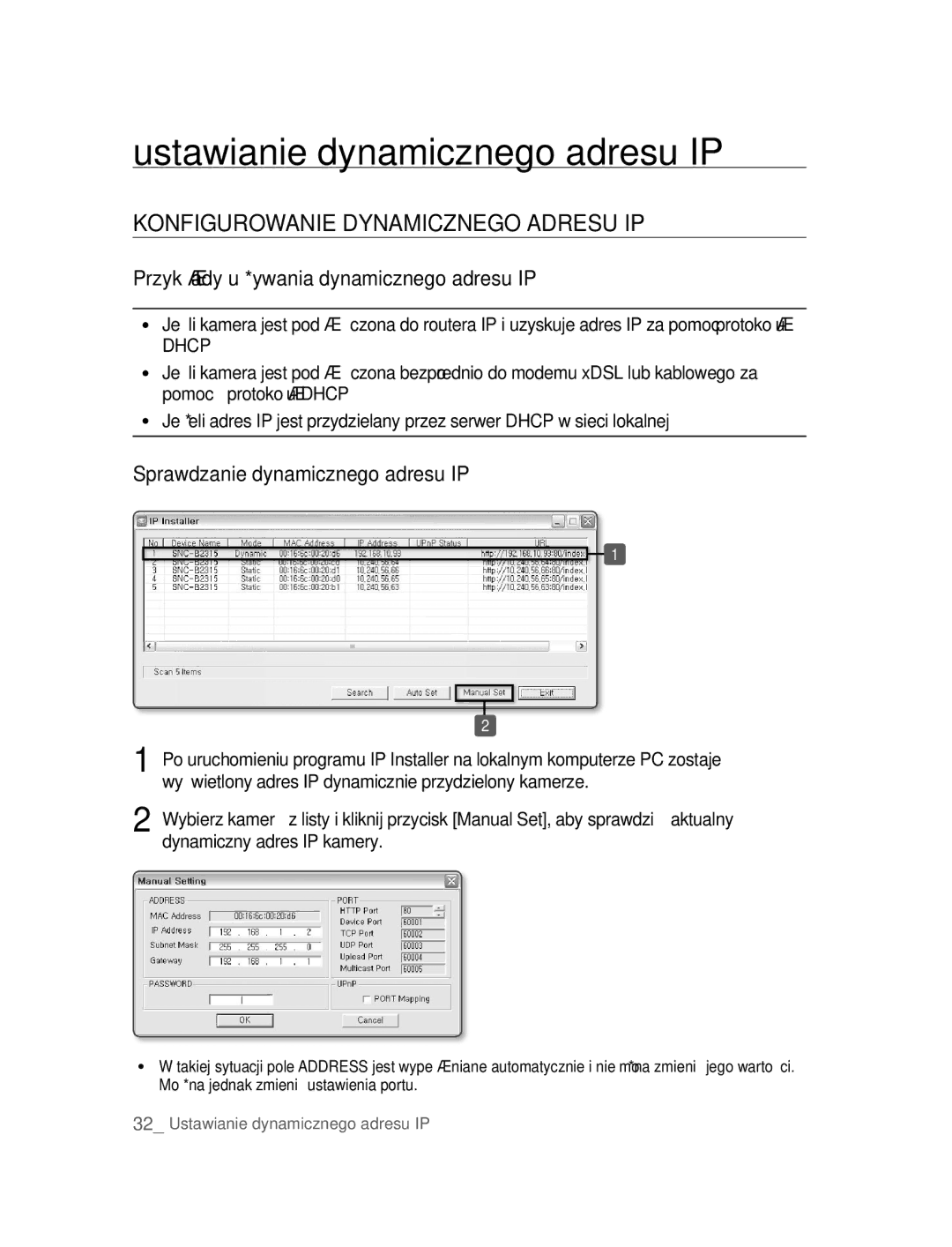 Samsung SNC-B2315P manual Ustawianie dynamicznego adresu IP, Konfigurowanie Dynamicznego Adresu IP 