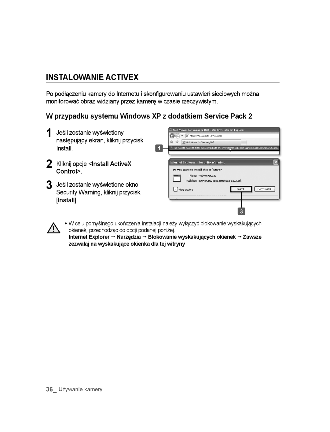 Samsung SNC-B2315P manual Instalowanie Activex, Przypadku systemu Windows XP z dodatkiem Service Pack 