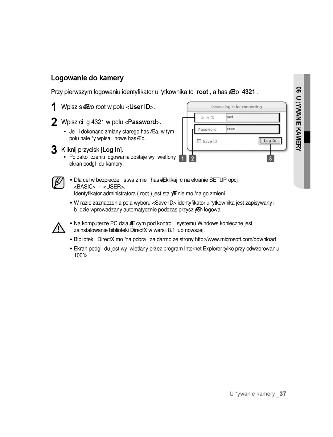 Samsung SNC-B2315P manual Logowanie do kamery, Kliknij przycisk Log 