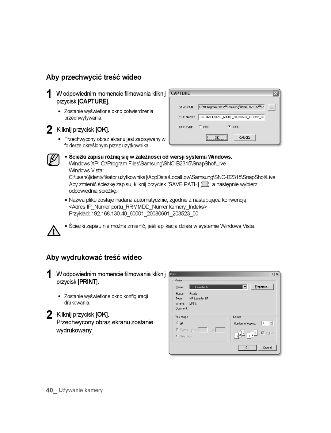 Samsung SNC-B2315P manual Aby przechwycić treść wideo, Aby wydrukować treść wideo 