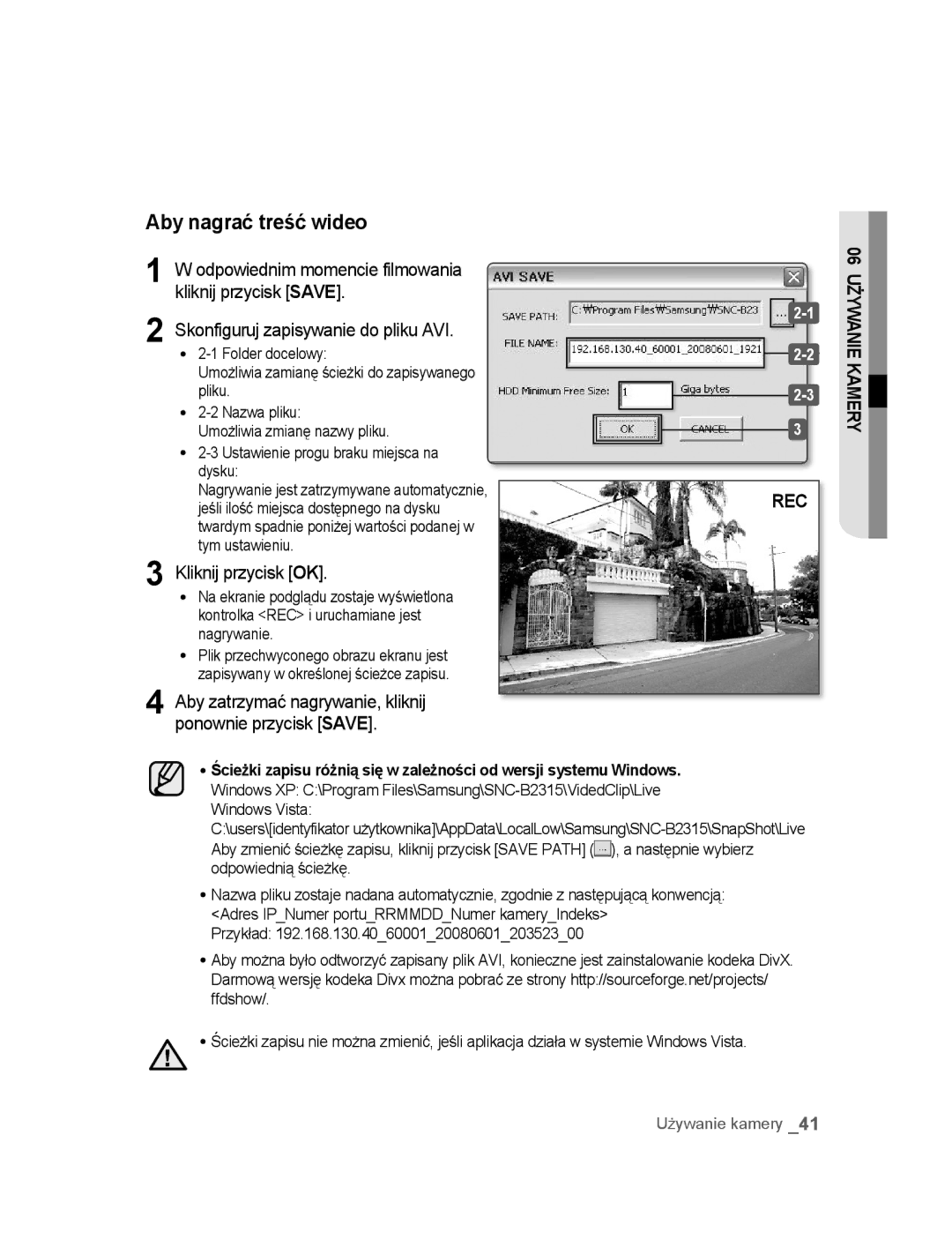 Samsung SNC-B2315P manual Aby nagrać treść wideo, Aby zatrzymać nagrywanie, kliknij Ponownie przycisk Save, Folder docelowy 