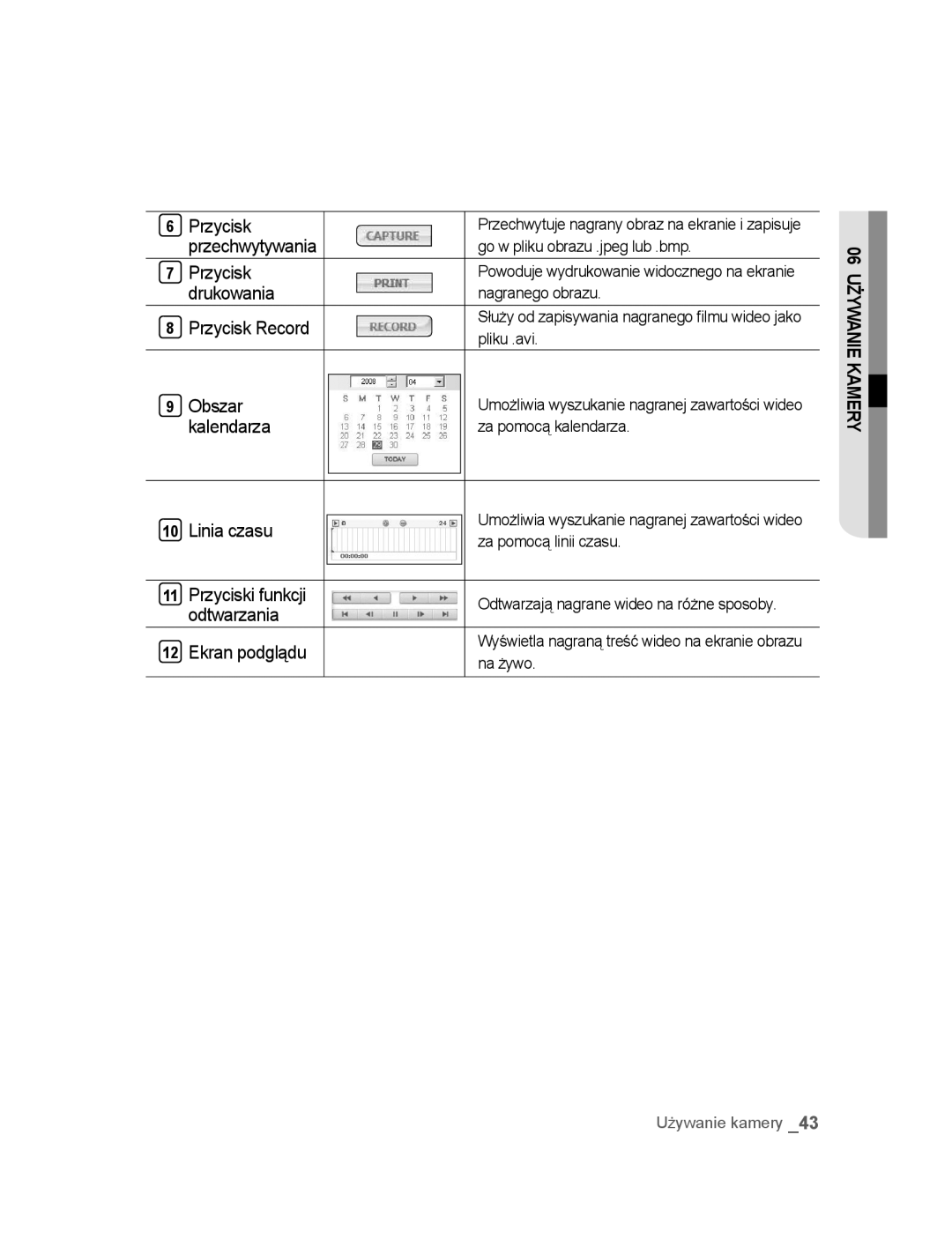 Samsung SNC-B2315P manual Drukowania, Obszar, Kalendarza, Linia czasu, Przyciski funkcji, Odtwarzania Ekran podglądu 