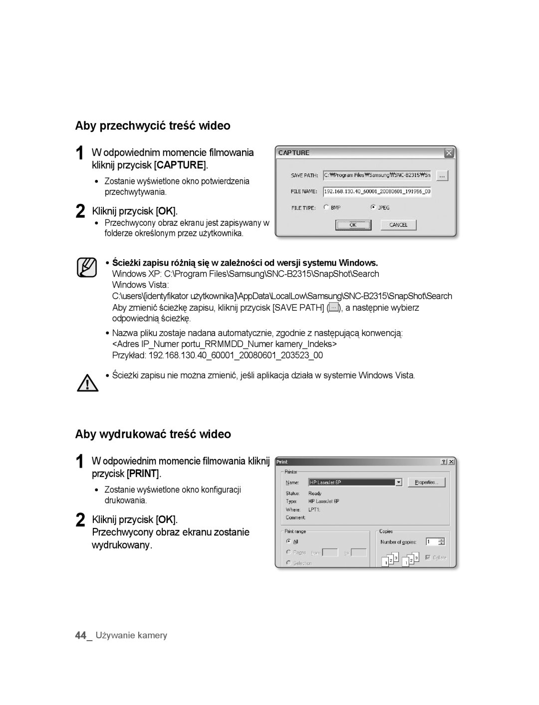 Samsung SNC-B2315P manual 44 Używanie kamery 