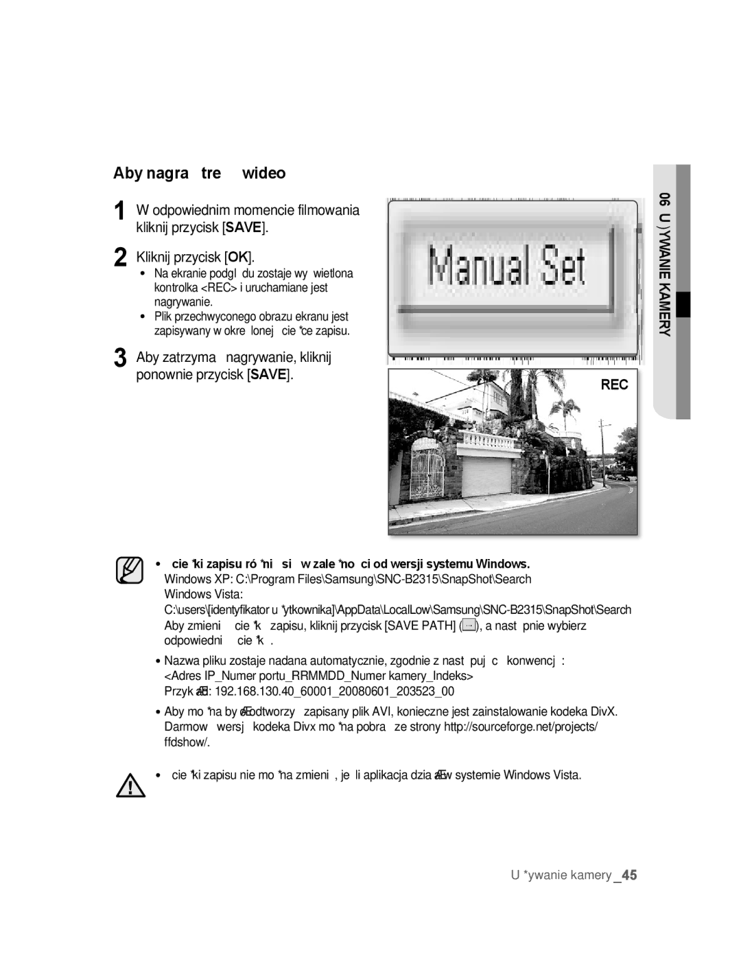 Samsung SNC-B2315P manual Aby nagrać treść wideo, Aby zatrzymać nagrywanie, kliknij ponownie przycisk Save 