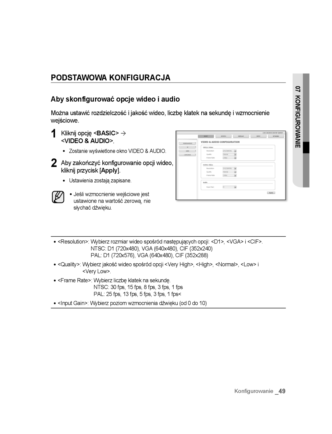 Samsung SNC-B2315P Podstawowa Konfiguracja, Aby skonfigurować opcje wideo i audio, Zostanie wyświetlone okno Video & Audio 