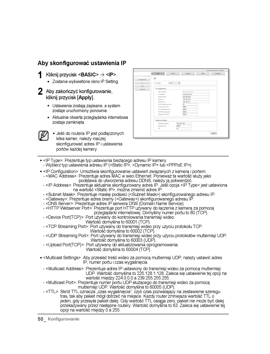 Samsung SNC-B2315P manual Aby skonfigurować ustawienia IP, Kliknij przycisk Basic ´ IP 