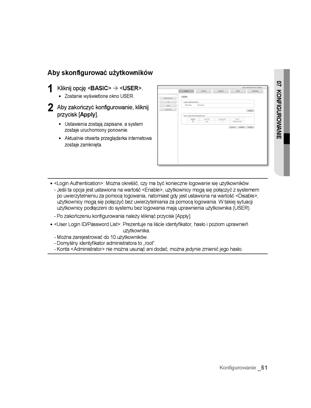 Samsung SNC-B2315P manual Aby skonfigurować użytkowników, Kliknij opcję Basic ´ User, Zostanie wyświetlone okno User 