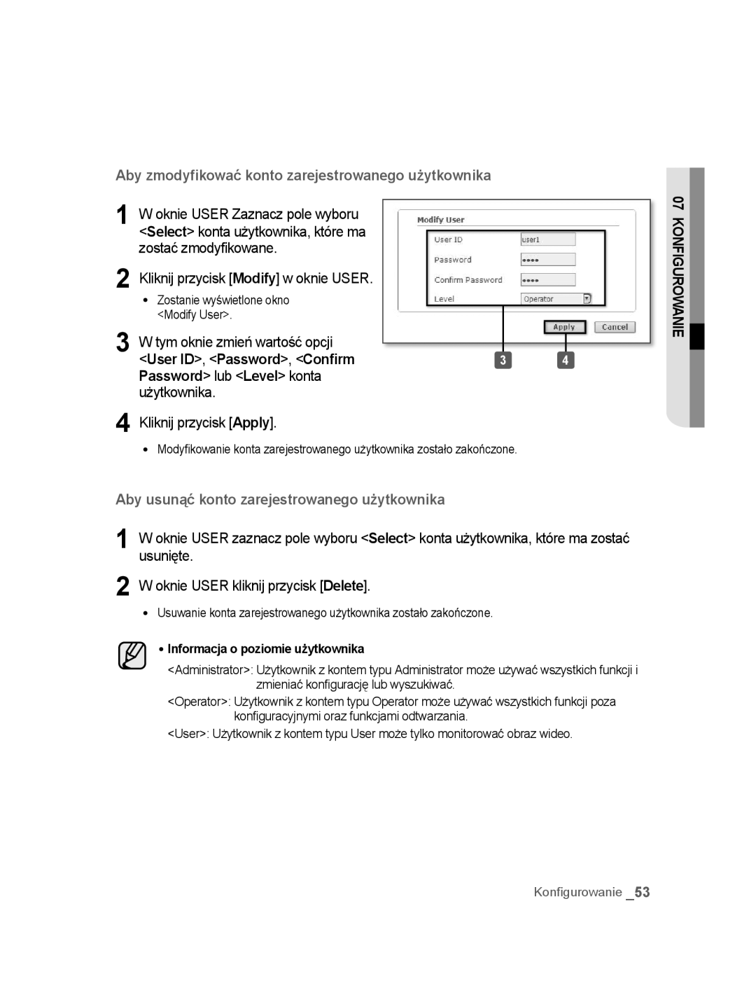 Samsung SNC-B2315P manual Tym oknie zmień wartość opcji, Informacja o poziomie użytkownika 