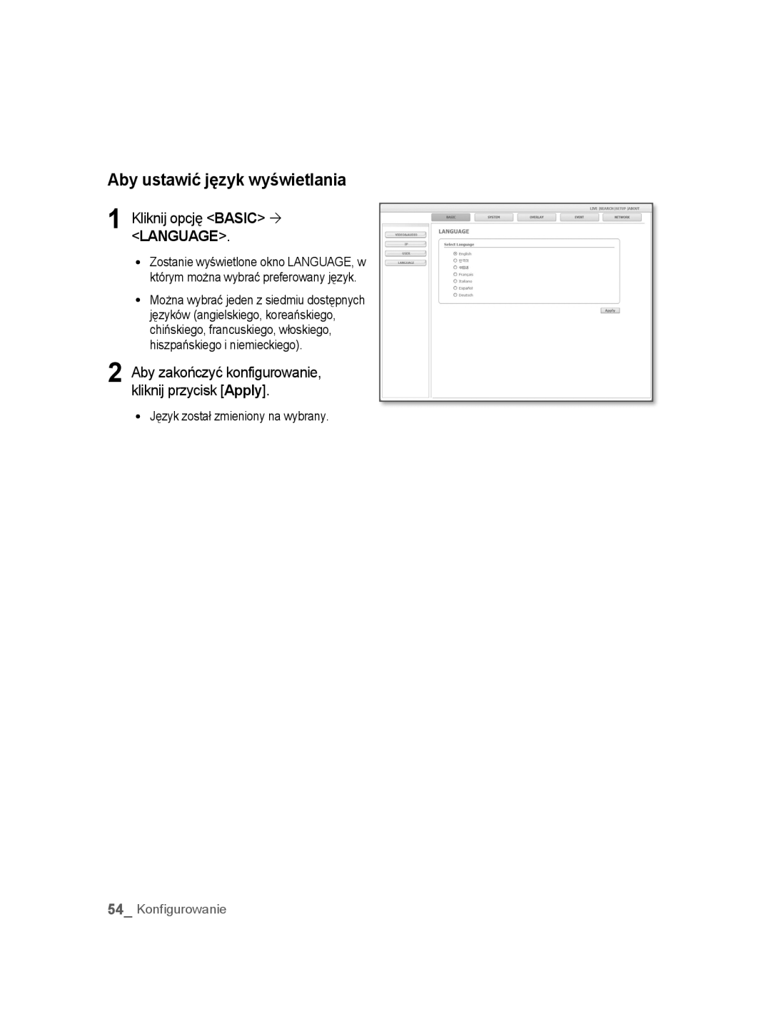 Samsung SNC-B2315P manual Aby ustawić język wyświetlania, Kliknij opcję Basic ´ Language 