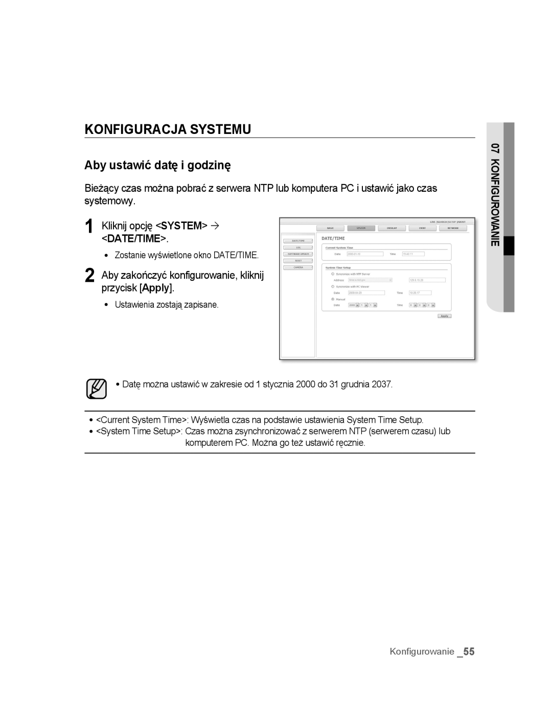 Samsung SNC-B2315P manual Konfiguracja Systemu, Aby ustawić datę i godzinę, Zostanie wyświetlone okno DATE/TIME 