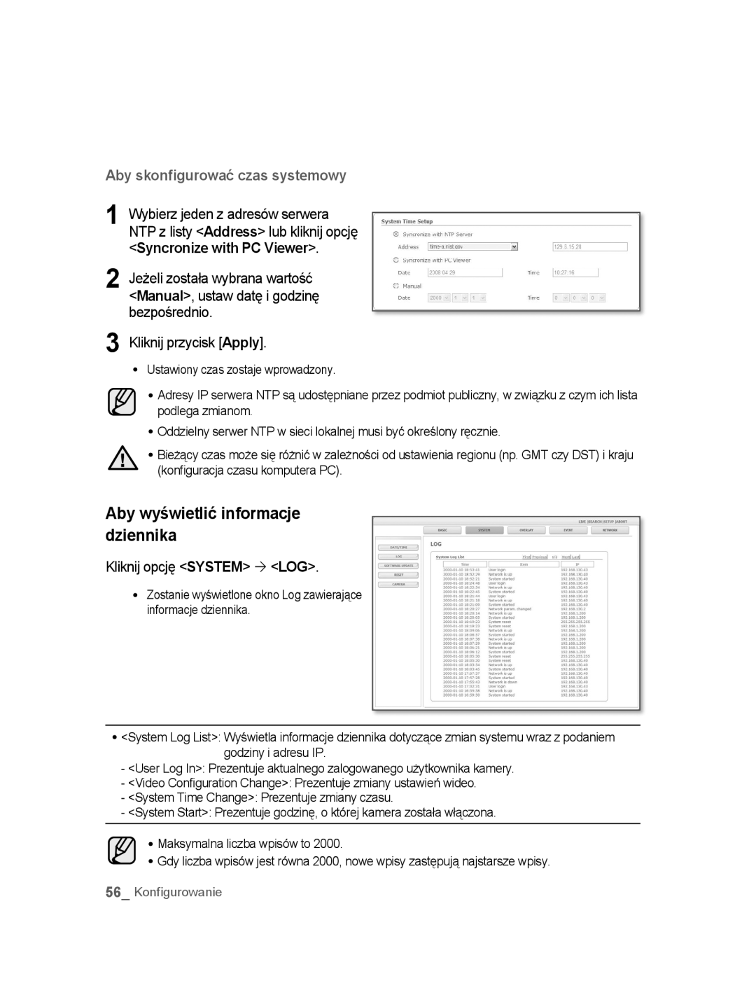 Samsung SNC-B2315P manual Aby wyświetlić informacje dziennika, Kliknij opcję System ´ LOG 