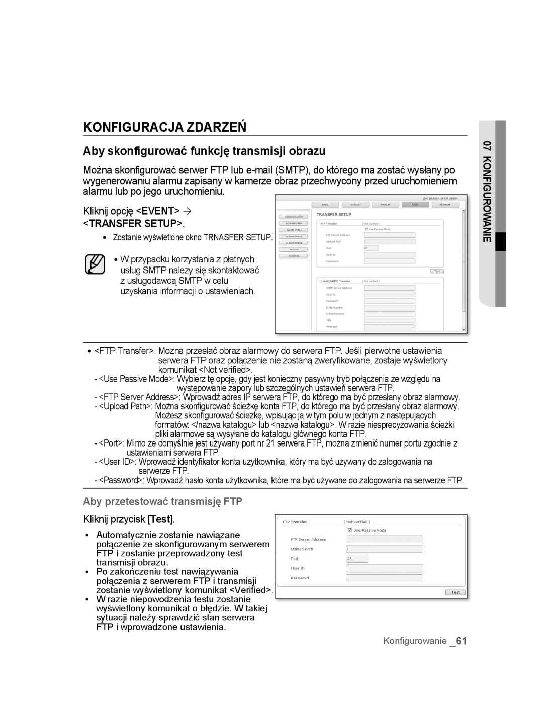 Samsung SNC-B2315P manual Konfiguracja Zdarzeń, Aby skonfigurować funkcję transmisji obrazu, Kliknij przycisk Test 