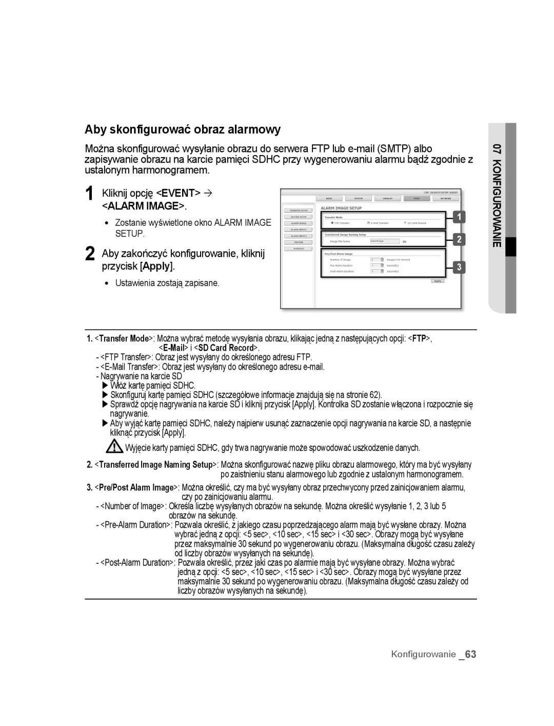 Samsung SNC-B2315P manual Aby skonfigurować obraz alarmowy, Zostanie wyświetlone okno Alarm Image Setup 