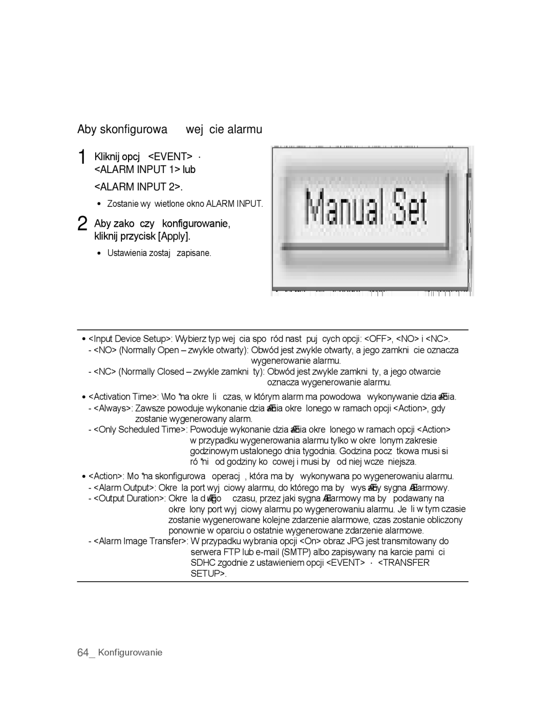 Samsung SNC-B2315P manual Aby skonfigurować wejście alarmu, Kliknij opcję Event ´ Alarm Input 1 lub 