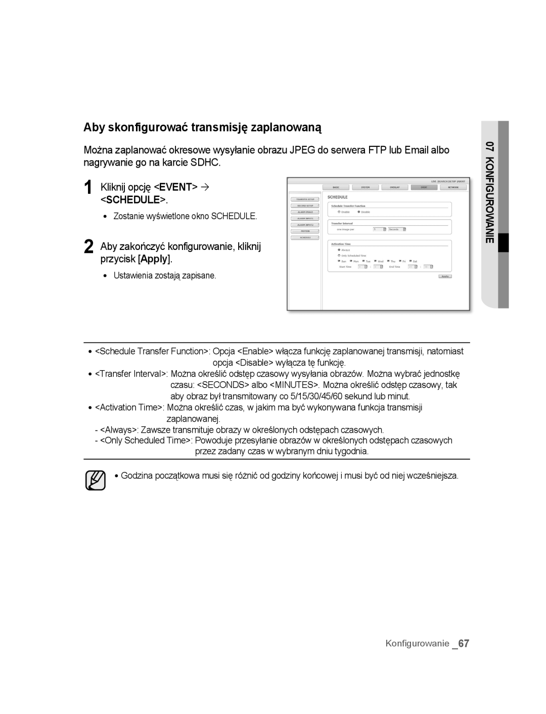 Samsung SNC-B2315P manual Aby skonfigurować transmisję zaplanowaną, Zostanie wyświetlone okno Schedule 