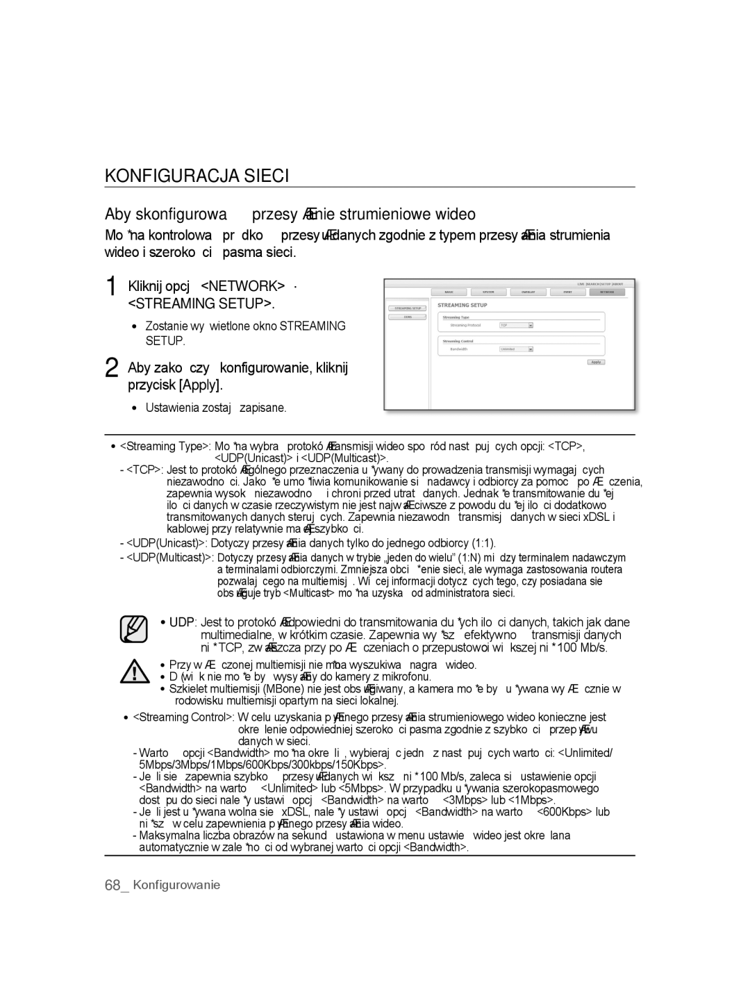 Samsung SNC-B2315P manual Konfiguracja Sieci, Aby skonfigurować przesyłanie strumieniowe wideo 