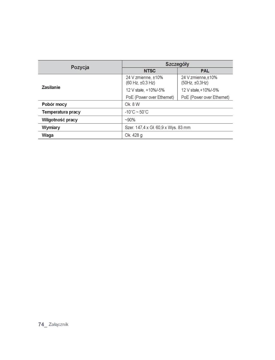 Samsung SNC-B2315P manual Zasilanie, Pobór mocy, Temperatura pracy, Wilgotność pracy, Wymiary, Waga 