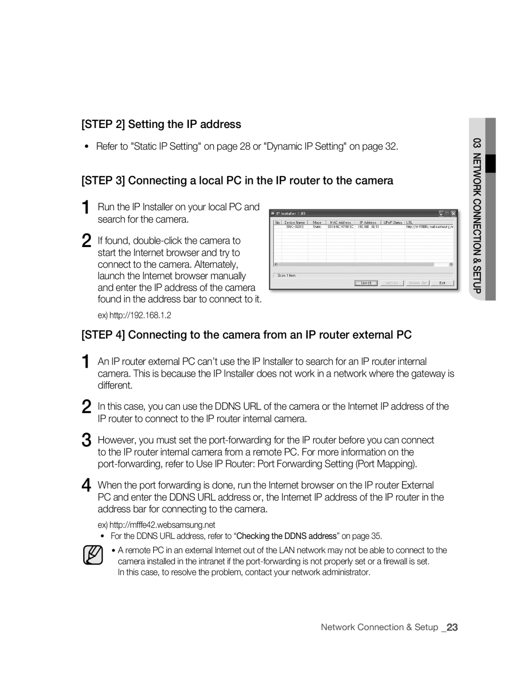 Samsung SNC-B2315P manual Setting the IP address, Connecting to the camera from an IP router external PC 