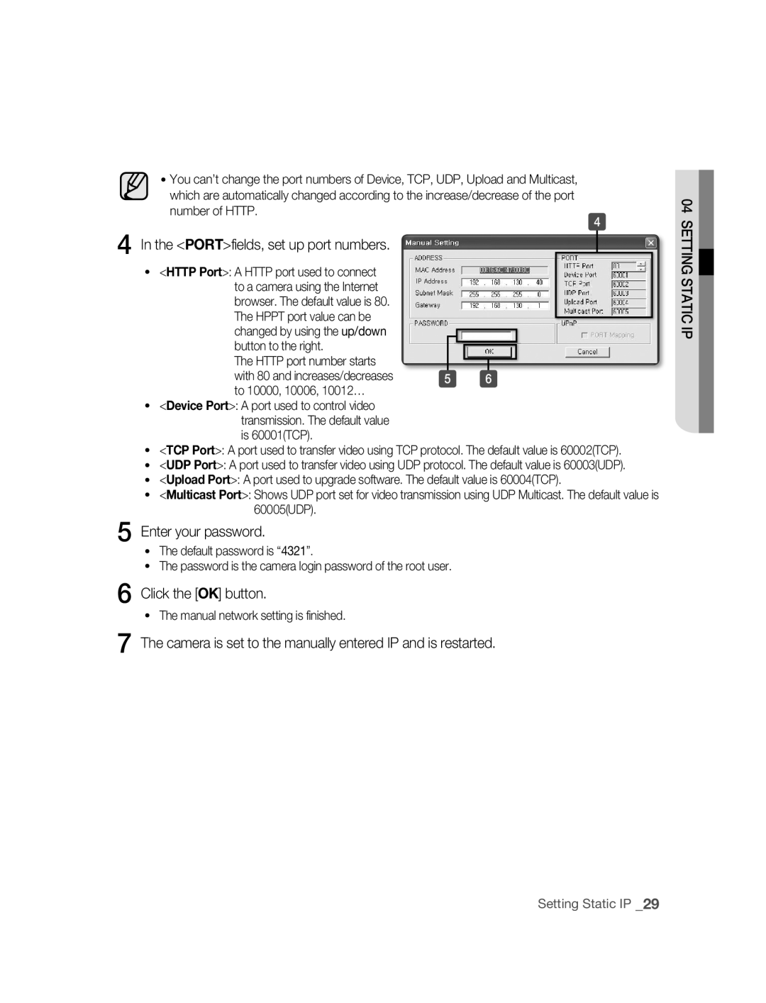 Samsung SNC-B2315P Enter your password, Camera is set to the manually entered IP and is restarted, Number of Http 