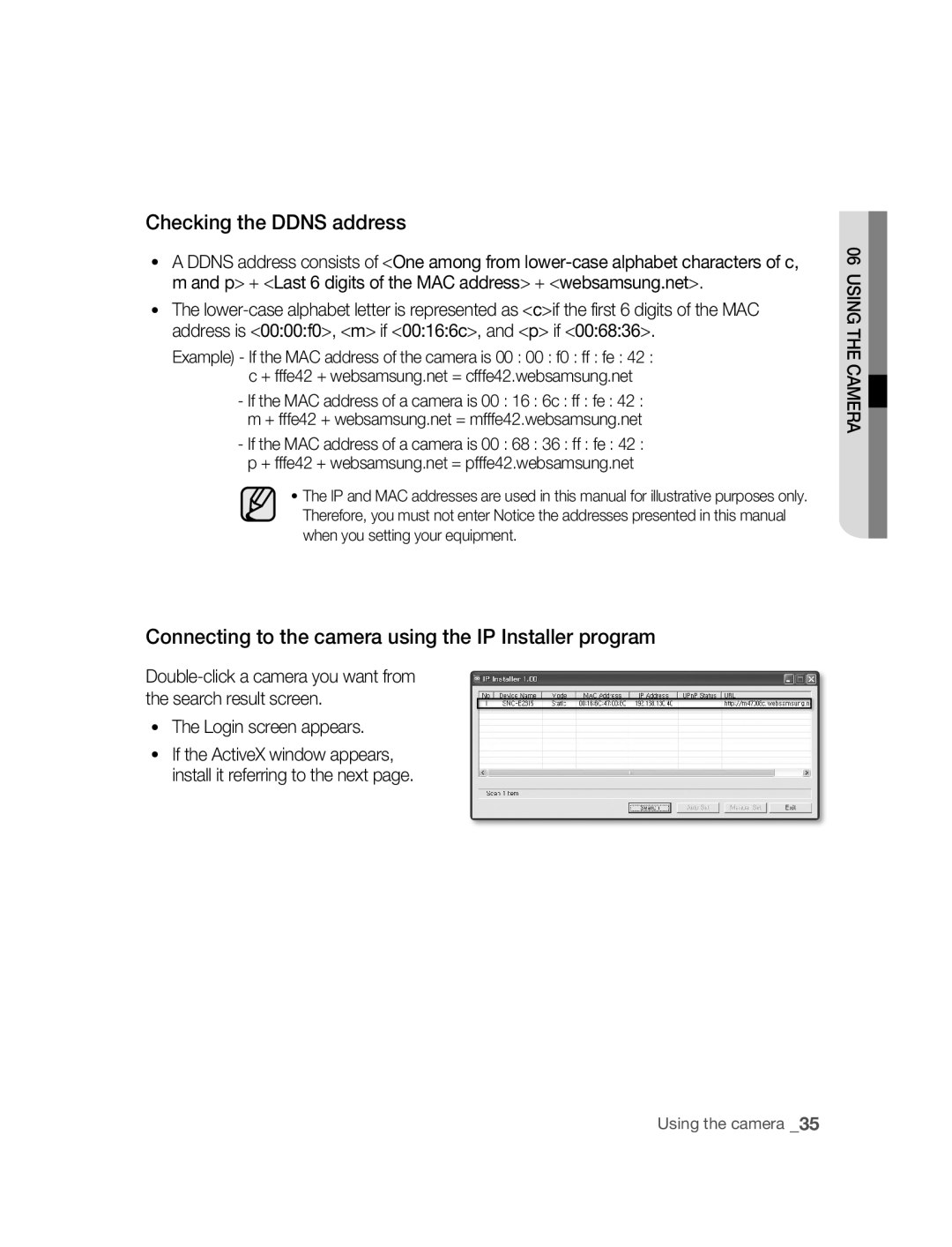 Samsung SNC-B2315P manual Checking the ddNS address, Connecting to the camera using the IP Installer program 