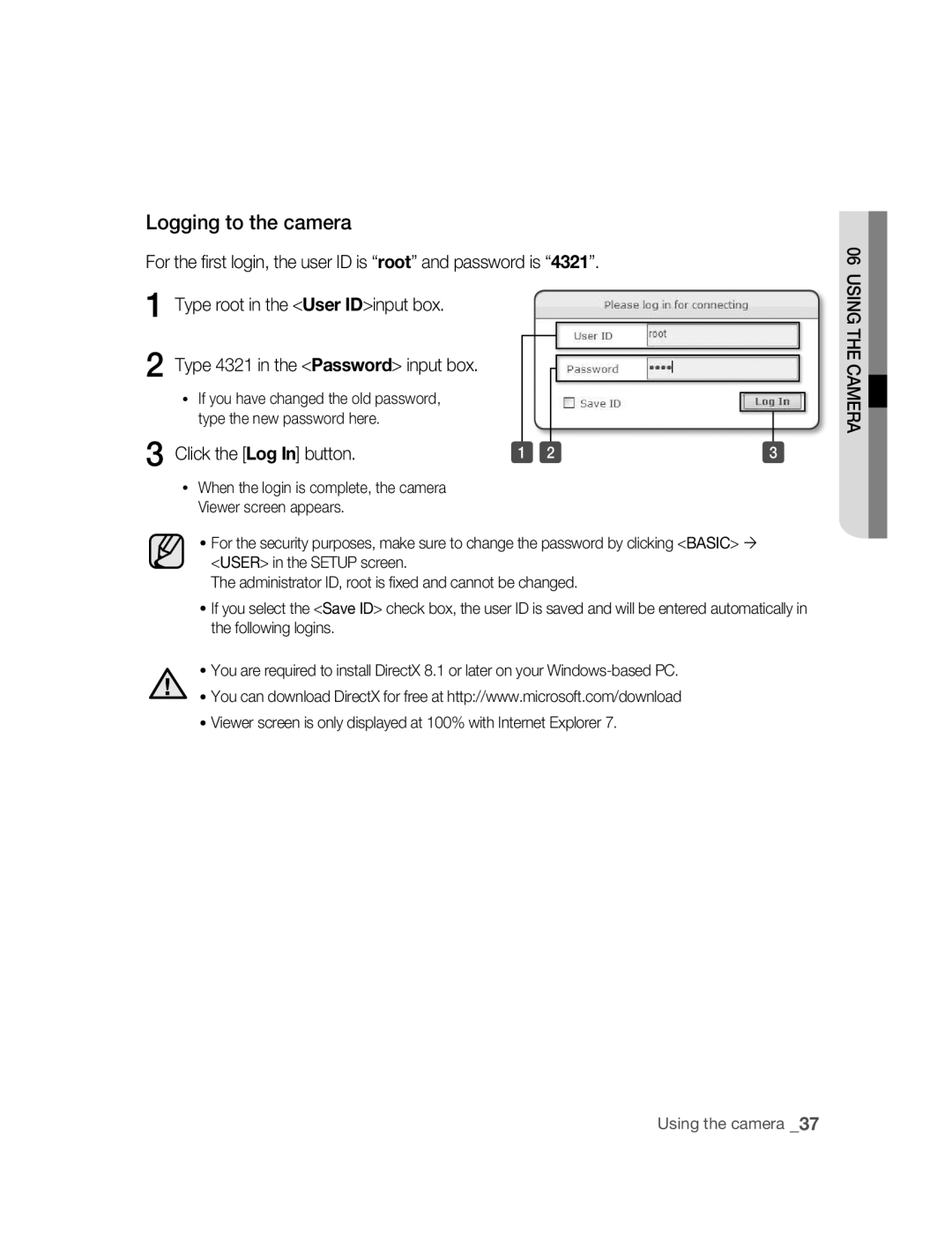 Samsung SNC-B2315P manual Logging to the camera, Click the Log In button 