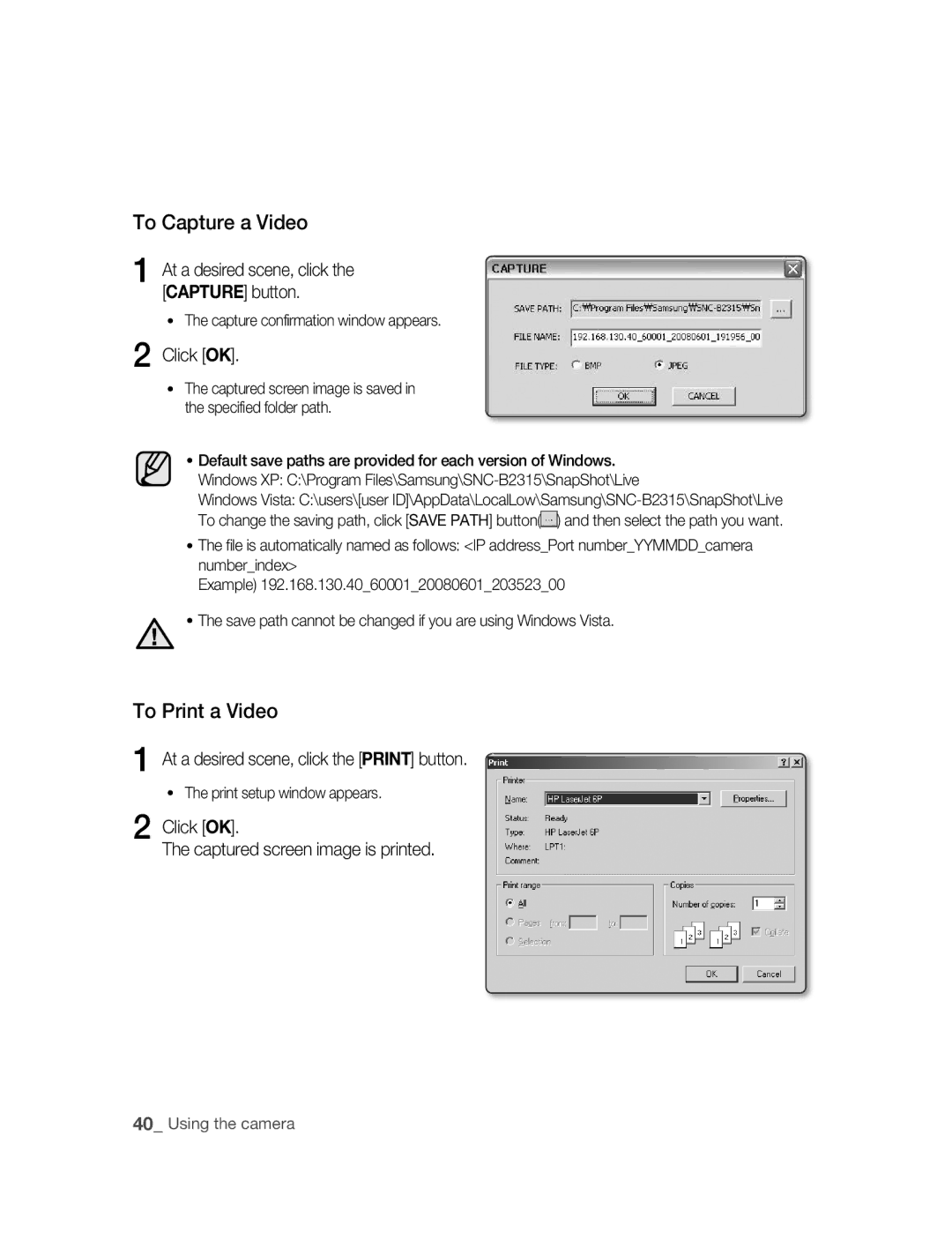 Samsung SNC-B2315P manual To Capture a Video, To Print a Video, Click OK, At a desired scene, click the Print button 