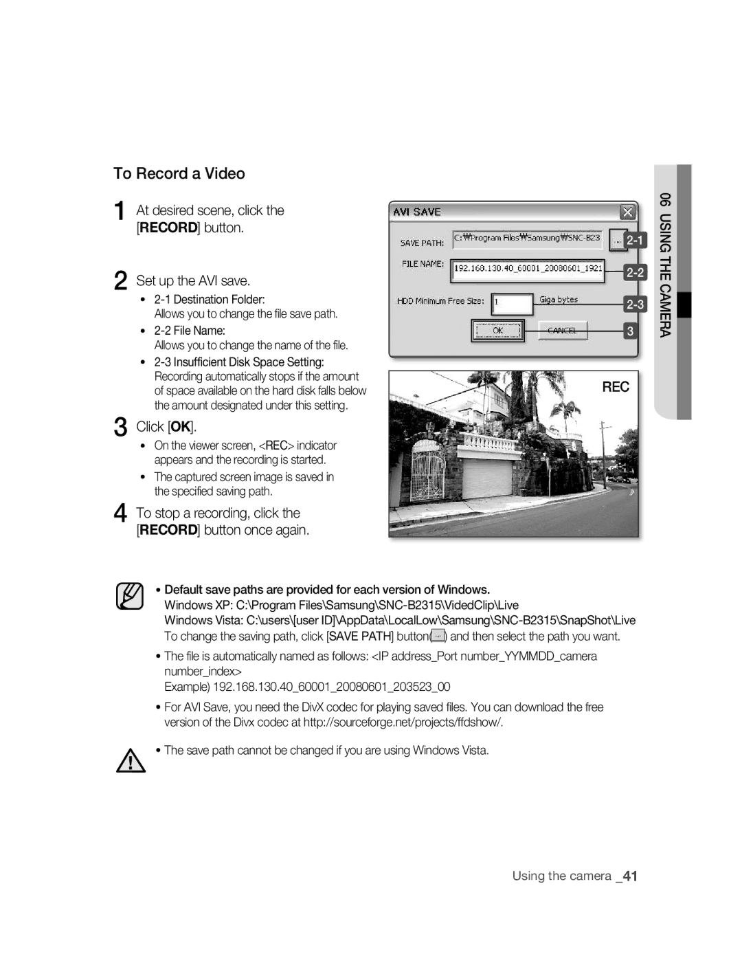 Samsung SNC-B2315P manual To Record a Video, At desired scene, click Record button Set up the AVI save 