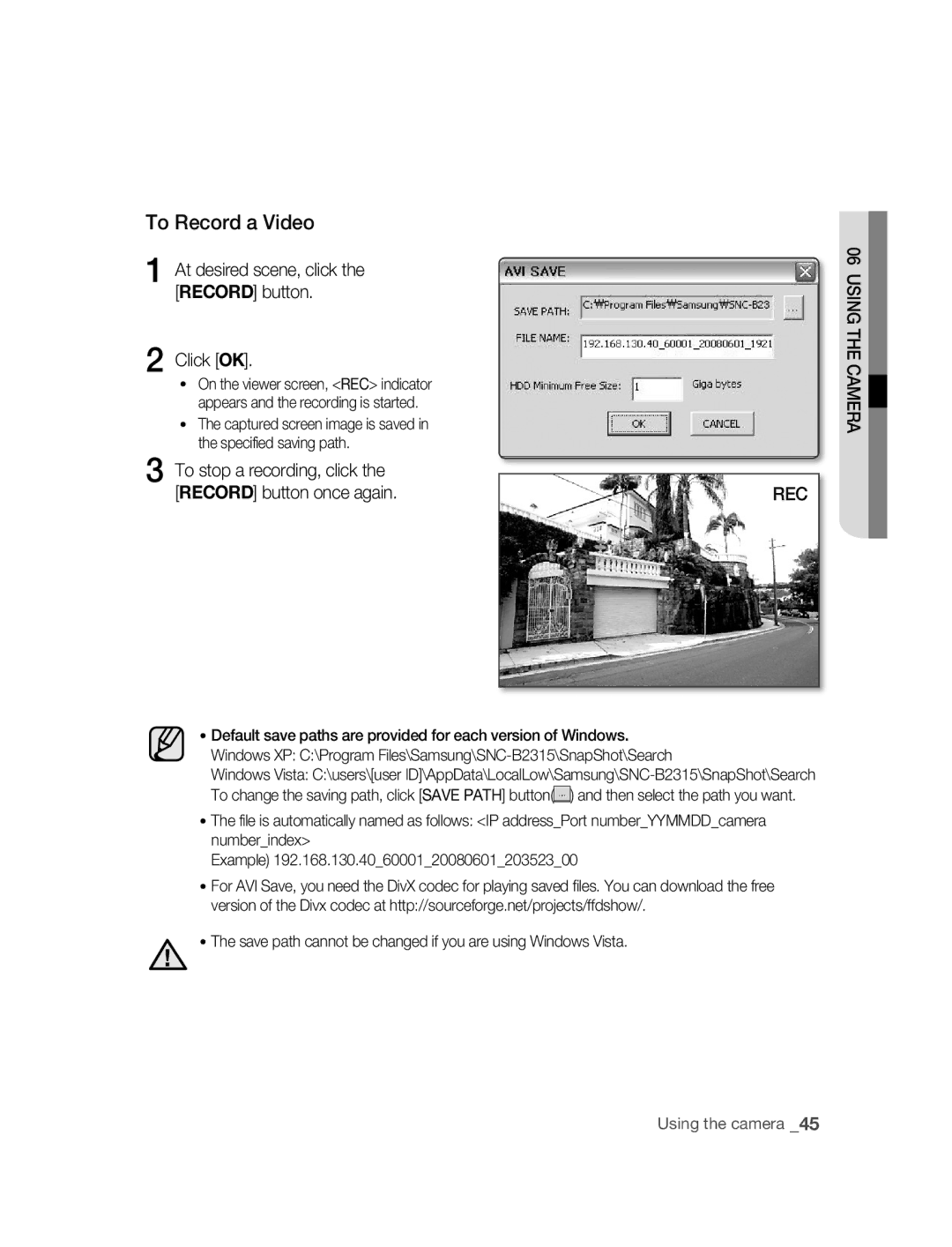 Samsung SNC-B2315P manual At desired scene, click the Record button Click OK 