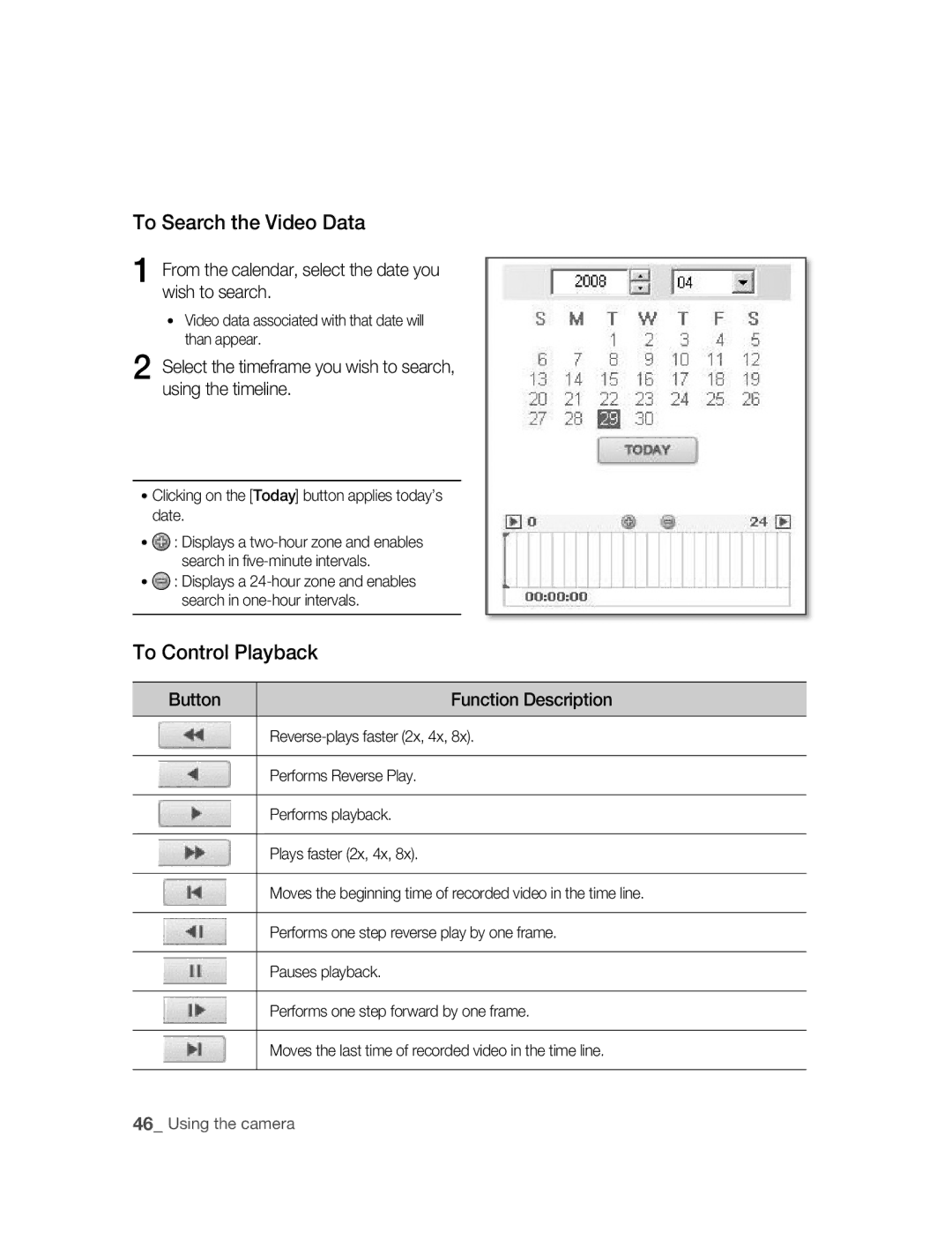 Samsung SNC-B2315P To Search the Video data, To Control Playback, From the calendar, select the date you wish to search 