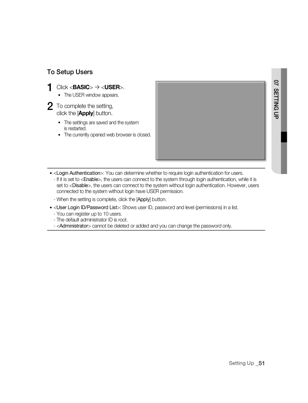 Samsung SNC-B2315P manual To Setup Users, Click Basic  User 