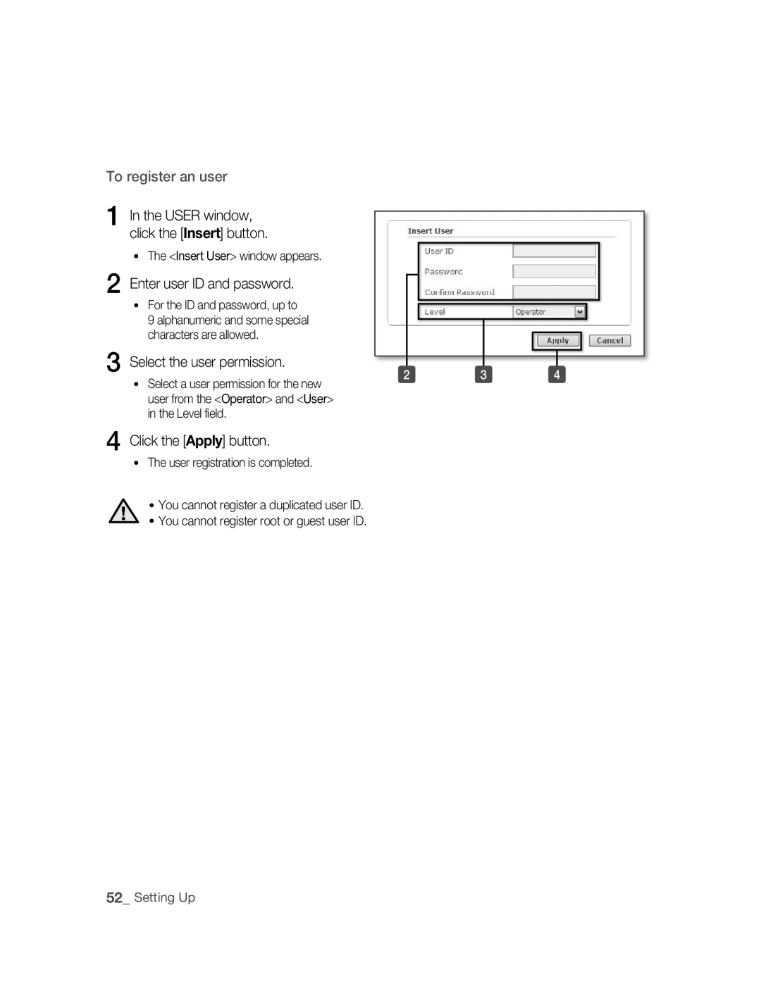 Samsung SNC-B2315P manual Enter user ID and password, Click the Apply button, For the ID and password, up to 