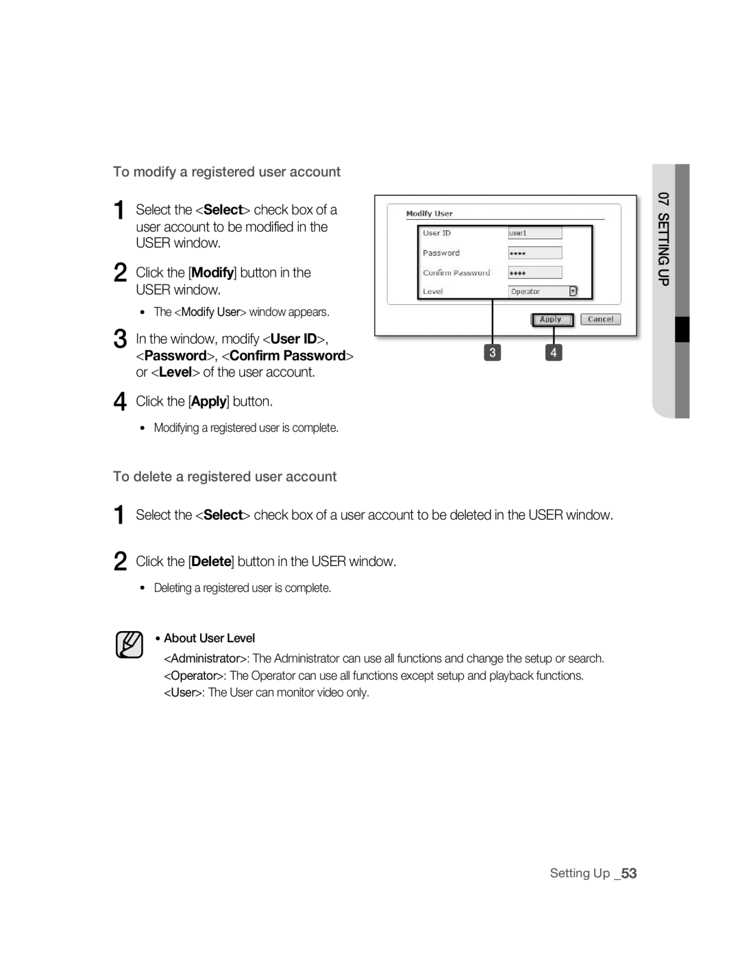 Samsung SNC-B2315P Window, modify User ID, Password, Confirm Password, Or Level of the user account Click the Apply button 