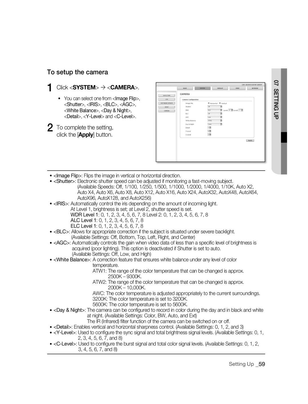 Samsung SNC-B2315P manual To setup the camera, Click System  Camera, You can select one from Image Flip 