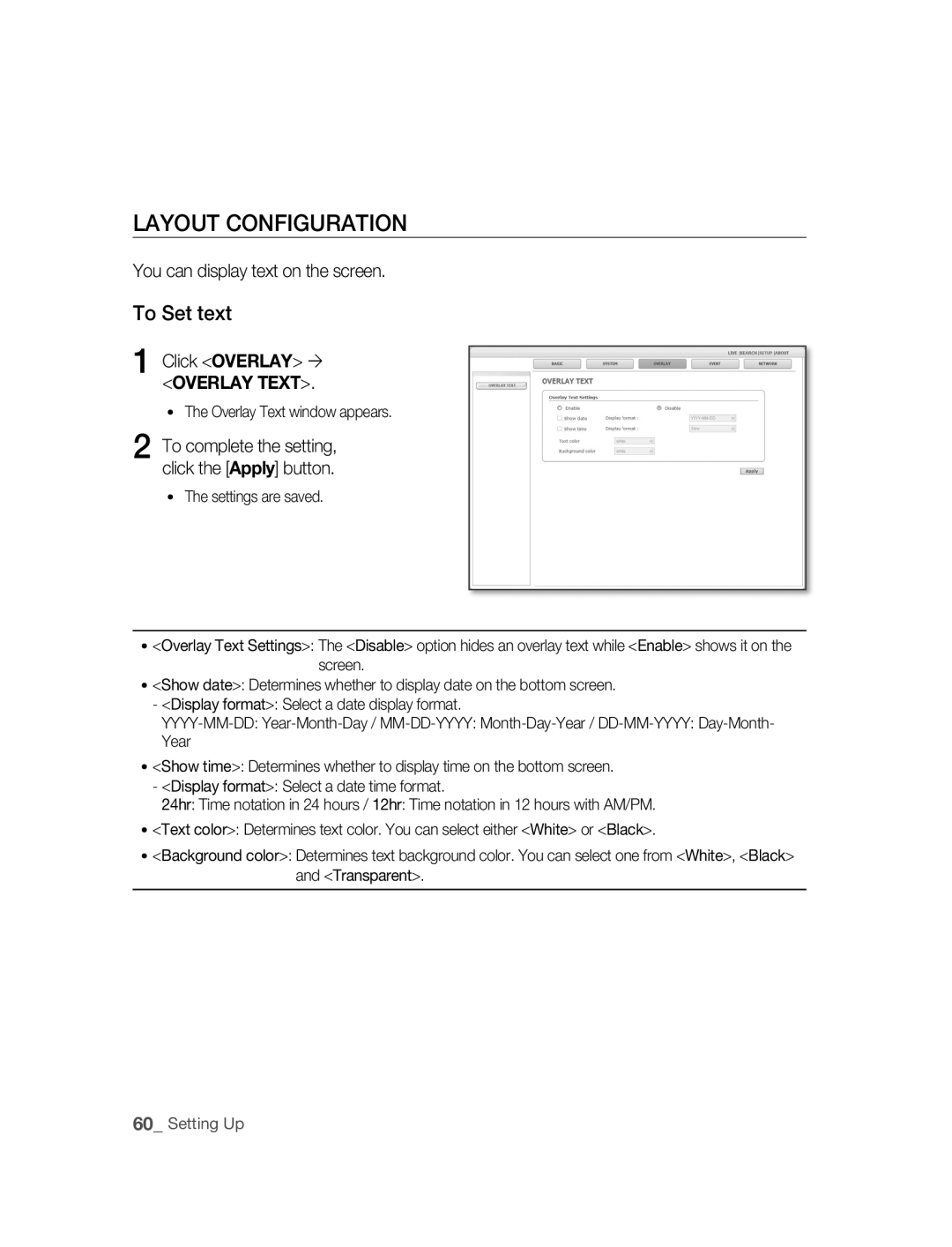 Samsung SNC-B2315P manual LAyOUT Configuration, To Set text, You can display text on the screen, Click Overlay  