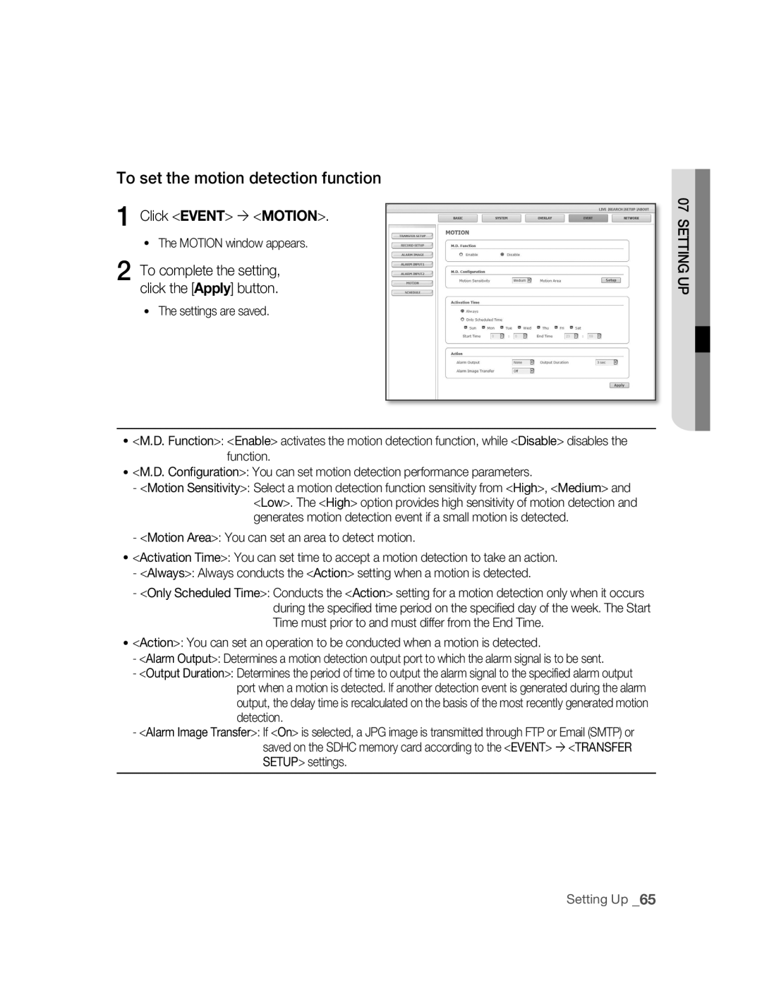 Samsung SNC-B2315P manual To set the motion detection function, Click Event  Motion 