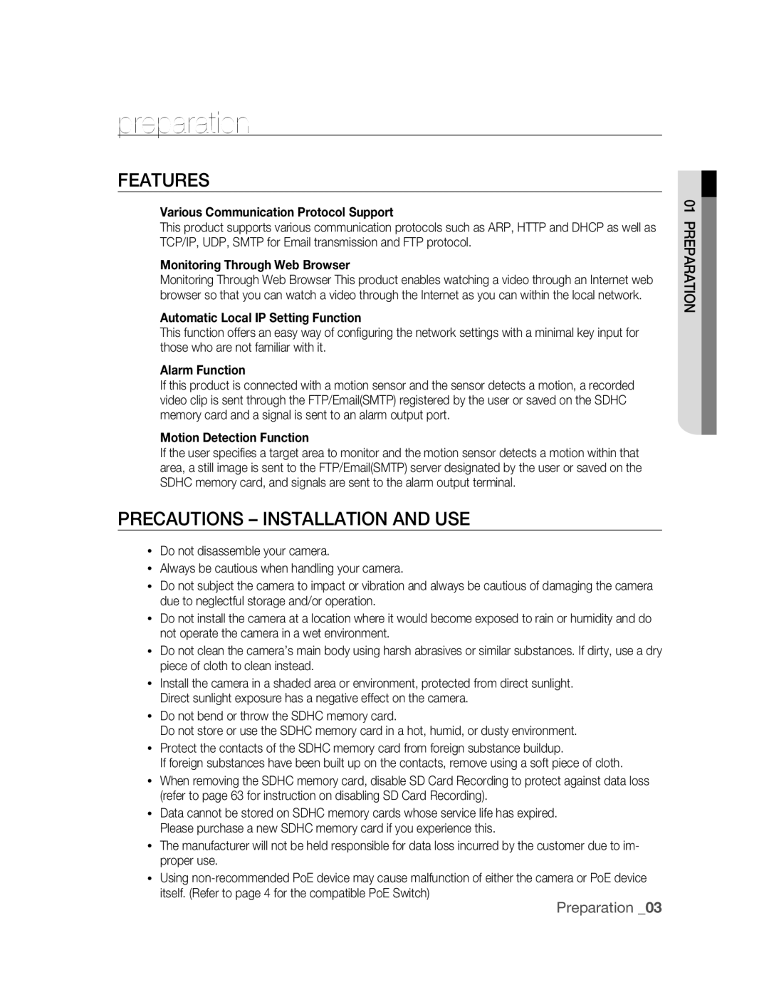 Samsung SNC-B2315P manual Preparation, Features, Precautions Installation and Use 