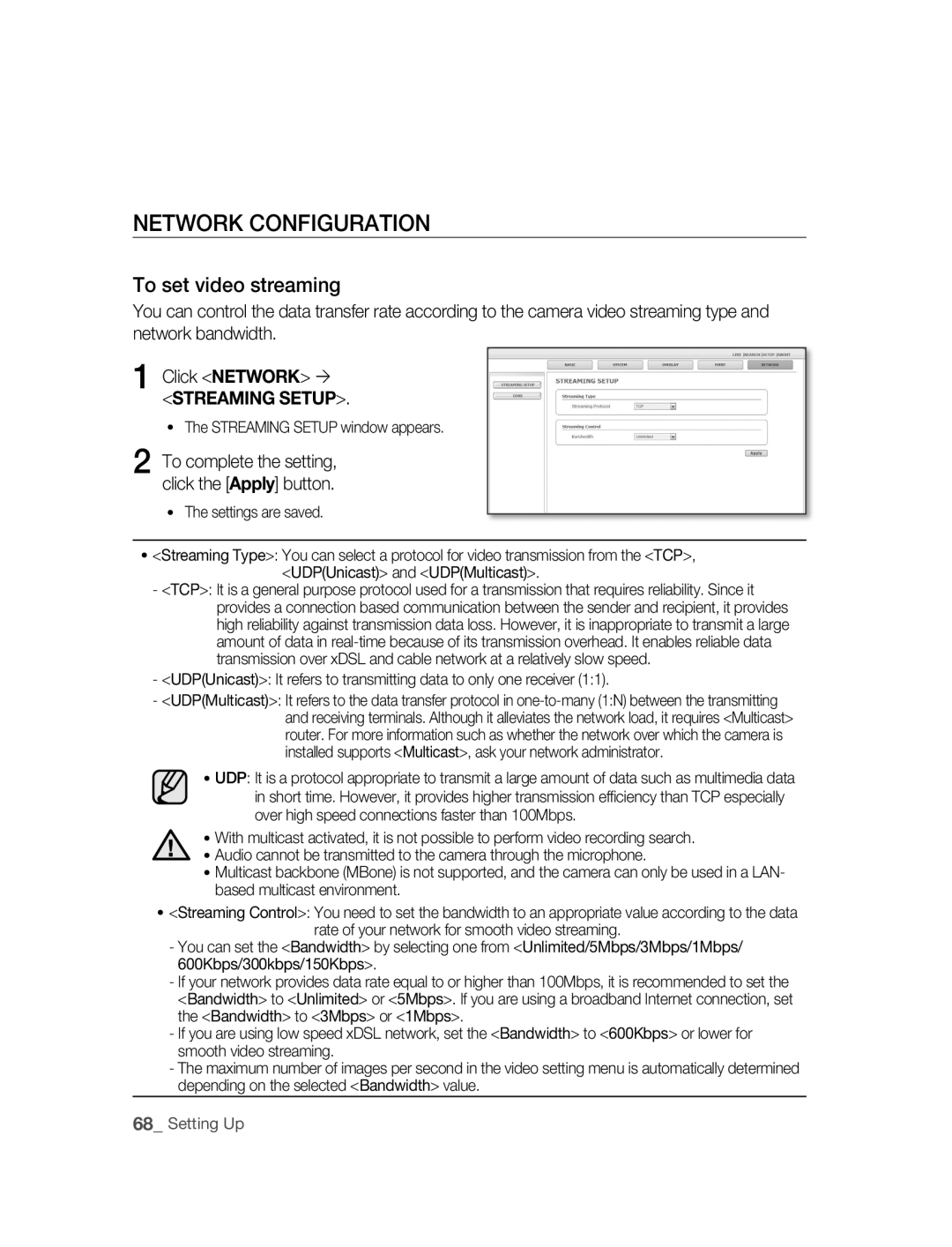 Samsung SNC-B2315P manual NETWORk Configuration, To set video streaming 