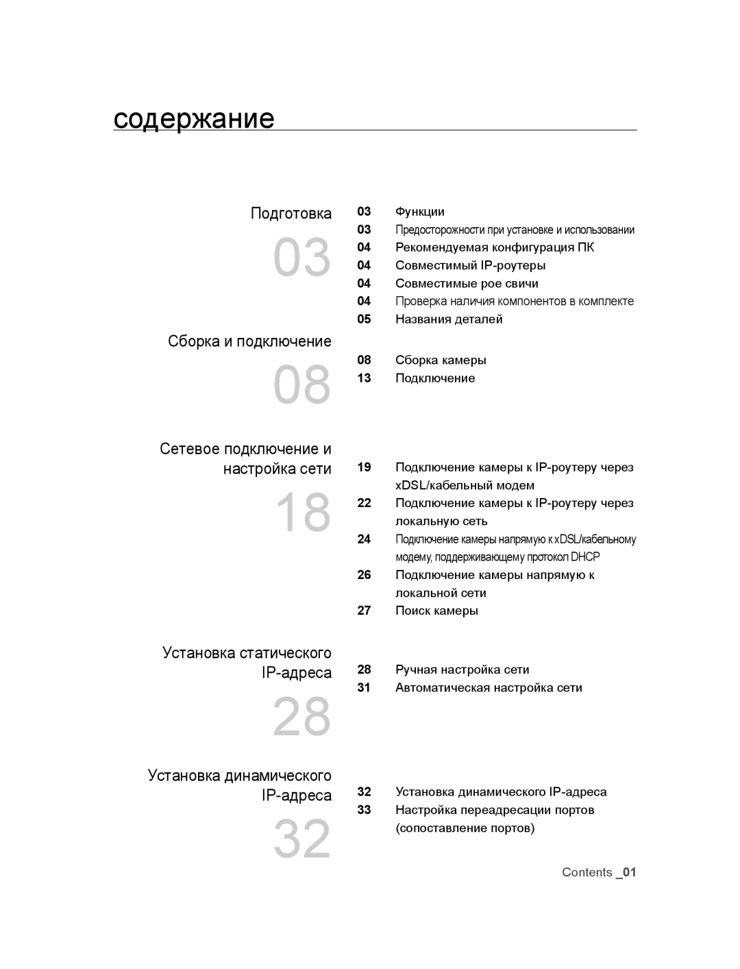 Samsung SNC-B2315P manual Содержание, Подготовка, Сборка и подключение, Настройка сети 