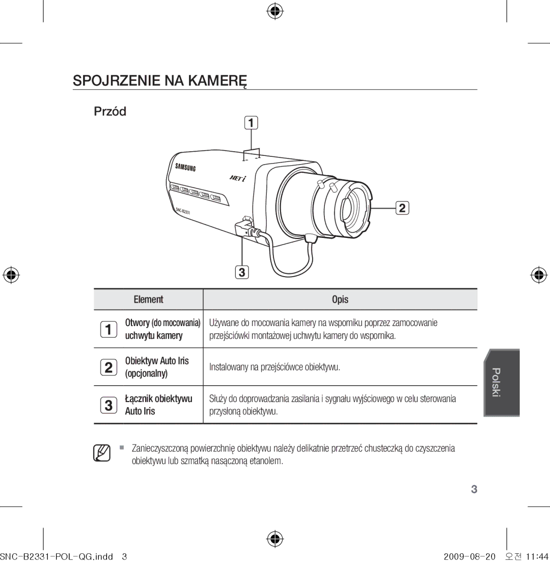 Samsung SNC-B2331-FRA-QG manual Spojrzenie NA Kamerę, Przód 