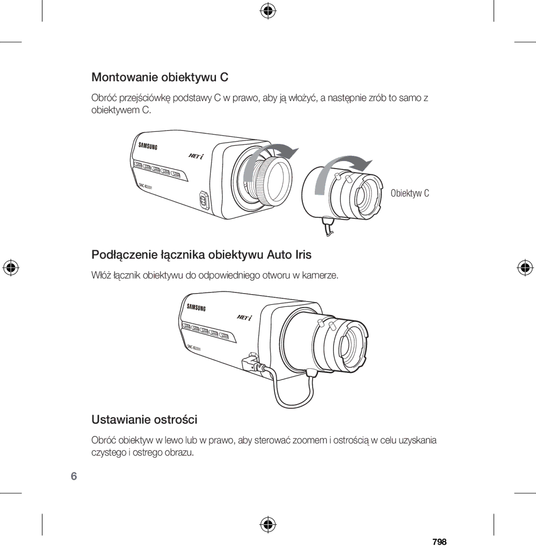 Samsung SNC-B2331-FRA-QG manual Montowanie obiektywu C, Podłączenie łącznika obiektywu Auto Iris, Ustawianie ostrości 