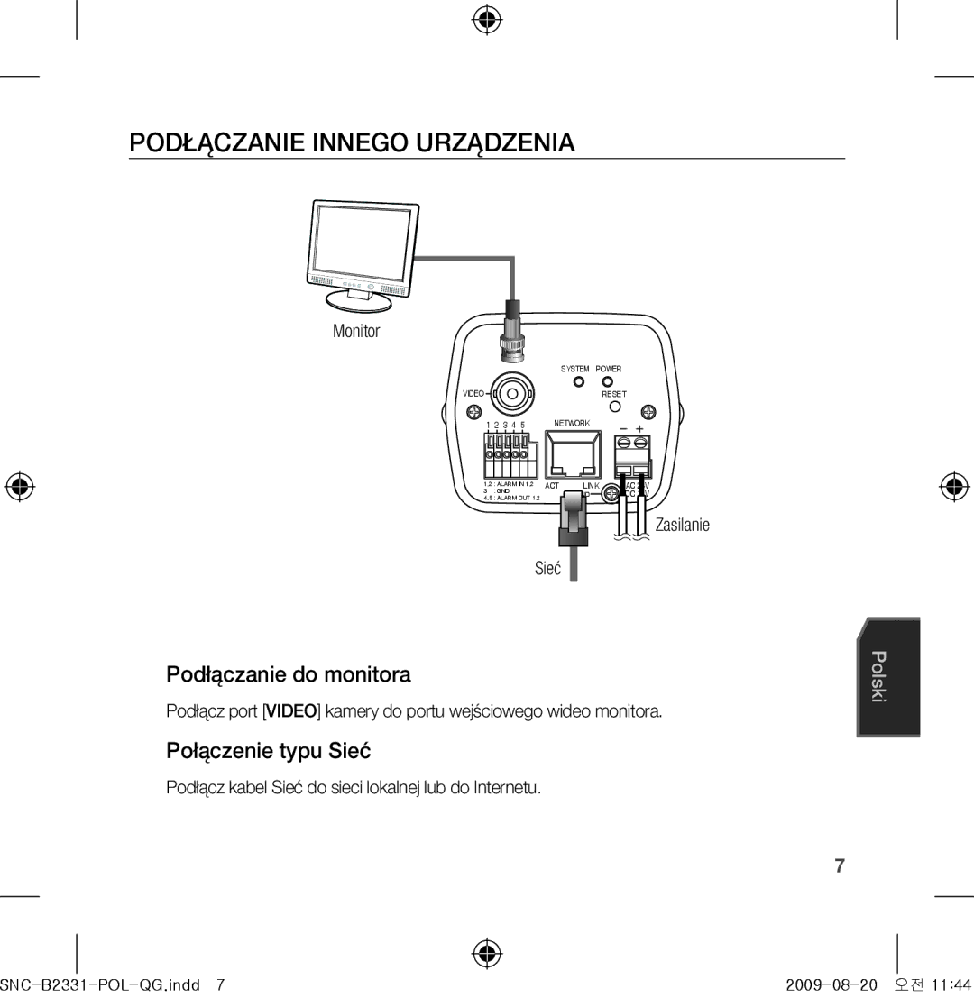 Samsung SNC-B2331-FRA-QG Podłączanie Innego Urządzenia, Podłączanie do monitora, Połączenie typu Sieć, Zasilanie Sieć 