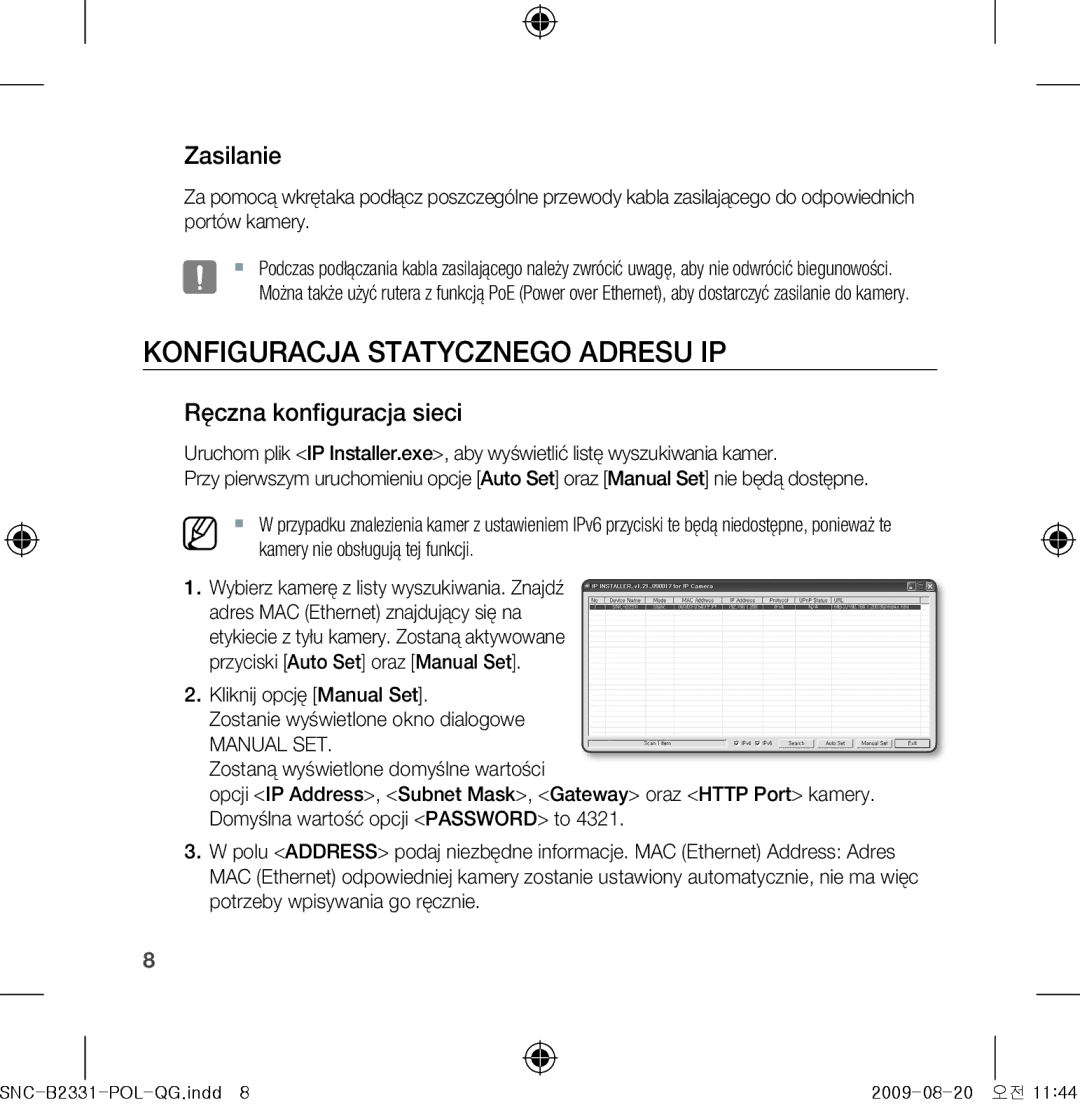 Samsung SNC-B2331-FRA-QG manual Konfiguracja Statycznego Adresu IP, Zasilanie, Ręczna konfiguracja sieci 